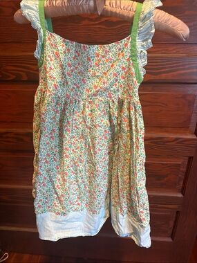 Mini Boden Light Green Floral Sundress with Blue-Striped Hem